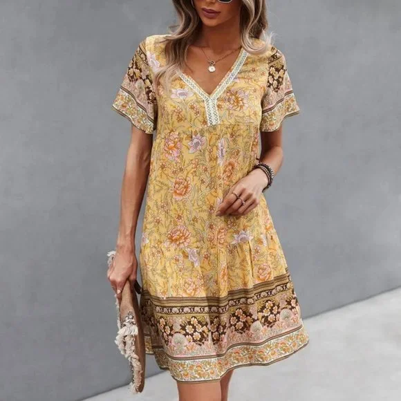 Yellow multi print Floral Smock Dress - Picture 4 of 6